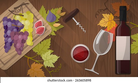 Wine tasting banner with bottle, red wine glass, corkscrew and grapes on a wooden cutting board, top view