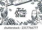 Wine tasting banner, party flyer, poster design. Vector hand drawn sketch illustration of bottle pouring wine, glass in hand, grape vine. Winery shop, package, menu template with calligraphy lettering