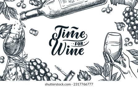 Pancarta de degustación de vinos, folleto de fiestas, diseño de afiches. Esbozo dibujado a mano vectora ilustración de botellas de vino, vidrio en mano, vid de uva. Tienda de vinos, paquete, plantilla de menú con letras caligráficas