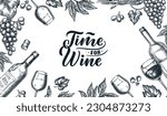 Wine tasting banner, poster or party flyer. Vector sketch illustration of wine bottle, glasses, grape vine. Winery shop, menu or package design template with hand drawn calligraphy lettering