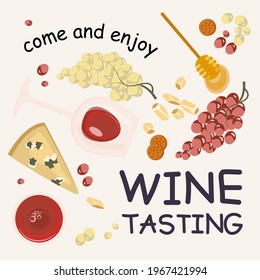 Wine tasting banner template with cheese and snack