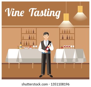 Wine Tasting Banquet Event Flat Vector Banner. Sommelier Service. Luxury Evening. Waiter with Alcohol Bottle Cartoon Character. Winery, Winemaking Store. Wineshop Poster Design Layout