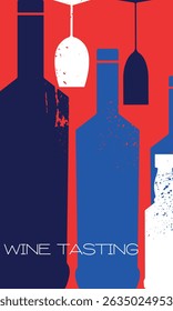 Degustação de vinhos, design de pôster de bar, garrafa de vinho e coleção de copos. Bebida, vinho tinto, cabernet, uísque, rum, festa de bebida