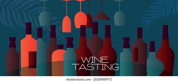 Wine tasting, beach party, dark sky background with palm leaves. Set of wine bottles, whiskey, rum, glasses, pub poster, restaurant menu
