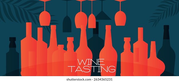 Wine tasting, wine bottle and glass collection, martini, cognac, rum. Beach party, palm leaves, spirits, red wine, chardonnay, rum, flat design