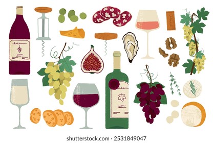 Wine tasting. Wine bottle and glass with cork, french red alcoholic drink, grapes harvest festival celebration concept. Vector illustration.