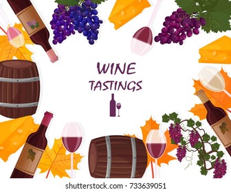Wine tasting card Vector. Wine bottles and wine barrel autumn theme