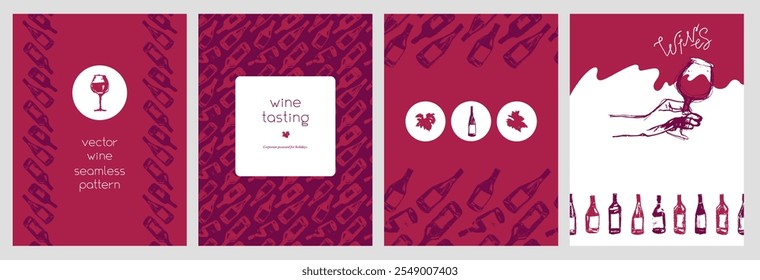 Wine tasting cards and flyer templates with vector graphics. Hand-drawn illustrations of red wine bottles, glasses, and green grape leaves for winery poster, wine shop design.