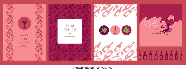 Wine tasting cards and flyer templates with vector graphics. Hand-drawn illustrations of red wine bottles, glasses, and green grape leaves for winery poster, wine shop design.