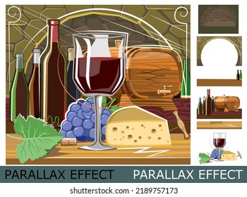 Wine tasting in wine cellar. Emblem. Image from layers for overlay with parallax effect. Red grape wine, bottles, glass and wooden barrel. Symbolic art about winemaking. Vector.