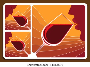 Wine tasting collage with three illustrations showing a man sniffing the bouquet, doing a visual check of clarity and tasting the wine in a wineglass