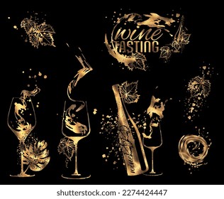 Wine Tasting - Collection of wine glasses and bottles. Hand drawn elements for invitation cards, advertising banners, menus in gold style. Wine glasses with splashing wine. Sketch vector illustration.