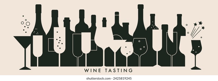 Wine tasting concept. Background with bottles, glasses of wine. Cocktail, alcohol beverage. Abstract vector illustration for bar, cafe, restaurant menu design. Modern vector elements in black white