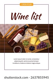 Wine tasting concept. Wine and delicious cheese platter with various cheeses, nuts, olives and fresh grapes on a wooden cutting board. Top View.