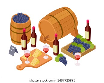 Concepto de degustación de vinos. Vino isométrico, barriles de madera, vasos, uvas. Ilustración del vino del vector