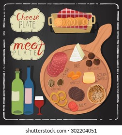 Wine tasting with delicious appetizers, cheese and meat on a rustic chopping board, red wine glass on a wooden table top view.
