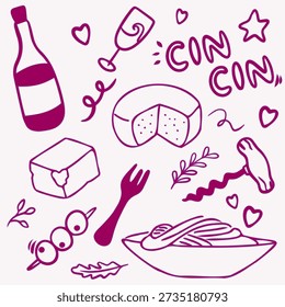 Wine Tasting Doodle Illustration Set with Bottle Cheese and Corkscrew Hand Drawn Style

