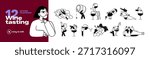 Wine tasting doodle set. Tiny people pour beverages from barrels and bottles into big glasses. Men and women drink alcohol from large wineglasses. Flat isolated outline vector illustrations on white