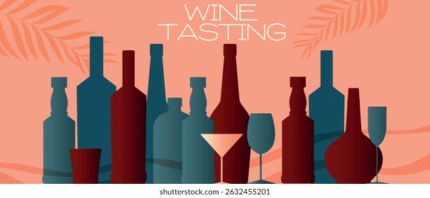 Wine tasting, drink party, poster for bar, alcohol bottles collection, glasses. Banner, booze, red wine, brandy, liqueur, martini