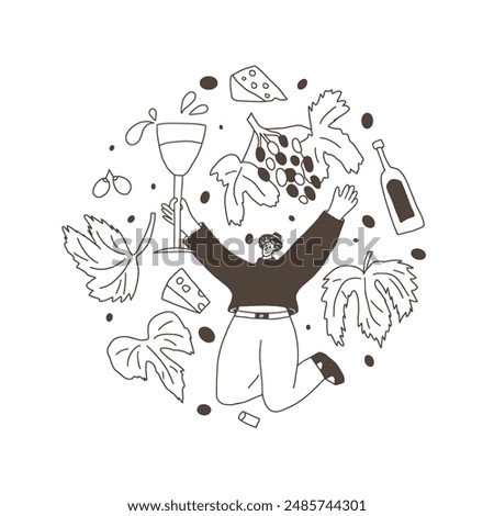 Wine tasting event circular emblem. Cute fun character with wineglass, bottles and grapevines round badge. Vector hand drawn  illustration isolated on white background.