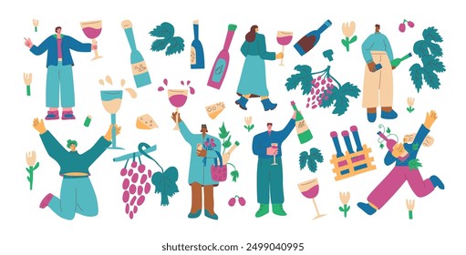 Wine tasting event clipart. Set of wine lovers. Cute characters with with wineglass. Vector hand drawn collection illustration isolated on white background.