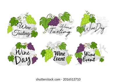 Wine tasting, event, day design, vector illustration. Grape in wooden box, barrel, isolated on white element for event flyer. Invitation to vineyard farm, promotion with hand drawn sign set.