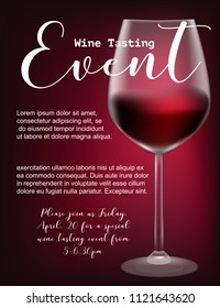 Wine tasting event flyer template, vector illustration. Transparent glass with red wine, calligraphic lettering, invitation graphic design, elegant black background.