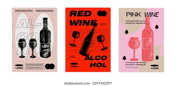 Wine Tasting Event Poster Set. Alcoholic beverage garnish. Minimalist vector illustration. 