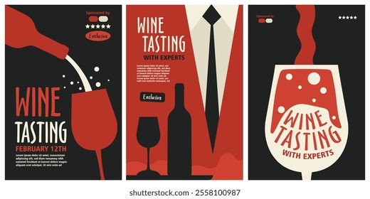 Wine Tasting event poster set. Cinematic abstract aesthetics with glass and wine bottles. Modern and vintage typography, red and black color