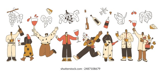 Wine tasting event. Set of wine lovers. Cute characters with with wineglass. Vector hand drawn collection illustration isolated on white background.