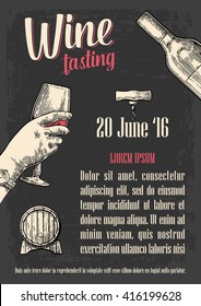 Wine tasting. Female hand holding a glass. Vintage vector engraving illustration. For poster, invitation, web, banner.