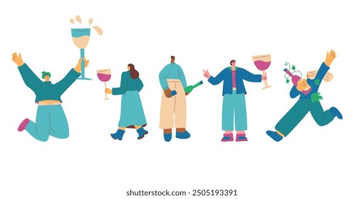 Wine tasting festival. Friends meeting with beverage. Cute characters with wineglasses. Vector hand drawn illustration isolated on white background.