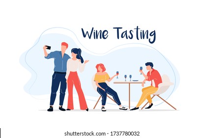 Wine tasting flat color vector faceless characters. Group of friends at restaurant. Men and women taking selfie at VIP event isolated cartoon illustration for web graphic design and animation