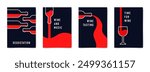 Wine tasting flyer design. Set of minimalist posters in red, white and blue colors. Vector illustration of a wine bottle and glass.