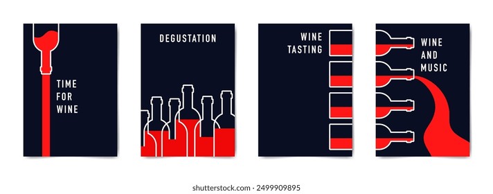 Diseño de flyer de cata de vinos. Conjunto de carteles minimalistas en colores rojo, blanco y azul. Ilustración vectorial de una botella de vino.