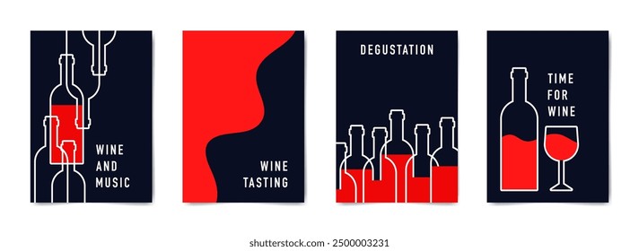 Wine tasting flyer design. Set of minimalist posters in red, white and blue colors. Vector illustration of a wine bottle and glass.