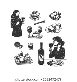 Degustação de Vinho e Sobremesas Gourmet - Comida desenhada à mão e bebida ilustração. Ilustração de esboço com degustação de vinhos e sobremesas gourmet. Ideal para conteúdo de estilo de vida, menu de restaurante.