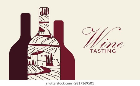 Wine tasting, guide banner with vineyard landscape, villa, and cypress trees inside the wine bottle. Elegance, line art