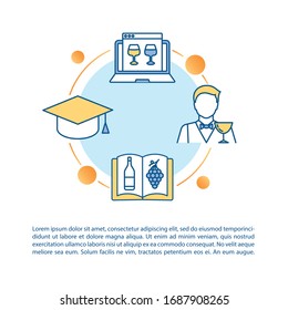 Icono de concepto de guía de degustación de vinos con texto. Clase magistral en línea sobre el alcohol. Taller sobre bebidas. Plantilla vectorial de página PPT. Folleto, revista, elemento de diseño del folleto con ilustraciones lineales