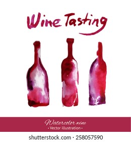 Wine Tasting. Hand drawn bottles illustration. Watercolor. Splash blob design