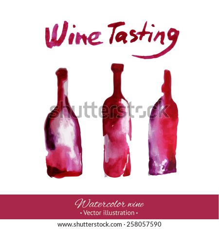 Wine Tasting. Hand drawn bottles illustration. Watercolor. Splash blob design