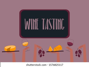 Wine tasting. Hands holding wine glasses, cheese plates and grapes. Wine boutique. Collection of alcohol drinks. Pink background. Design for menu, restaurants, invitation - Vector