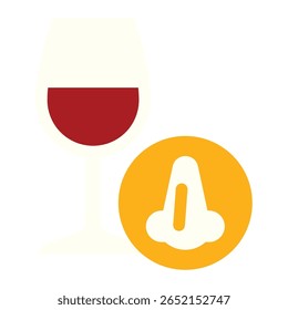 Ícone de degustação de vinho: Vidro de vinho tinto com símbolo de nariz em amarelo Cir