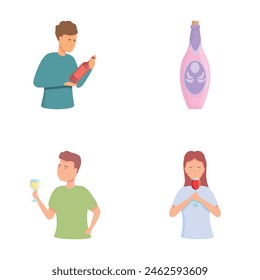 Wine tasting icons set cartoon vector. Professional expert doing wine tasting. Look, aroma, taste appreciation