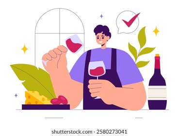 Wine Tasting Illustration featuring People Holding Wine Glasses with Bottles and Grapes for Tasting, Drinking, Swirling, and Savoring the Aroma