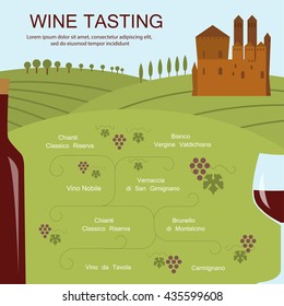 Wine tasting invitation card. Flat wine design. Tuscany Italy landscape. Wine bottles silhouette. Vineyard and sort of wine. Place for text. Grape wine vector. Wine illustration. Variety of wine flyer