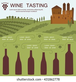 Wine tasting invitation card in modern flat design. Landscape of Tuscany Italy. Wine bottles silhouette. Place for your text. Vector eps10 illustration