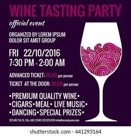 Wine tasting invitation with stylized glass of red wine with swirls inside. Degustation party flyer. EPS 10 vector design concept.