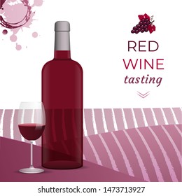 Wine Tasting invitation template with wine bottles and wine glasses. For Brochure, poster, invitation cards, promotion banner, menu. Red Wine stain background. Vector illustration.
