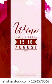 Wine tasting invitations template. Lettering Wine for logo or your ad. Watercolor stains in red color